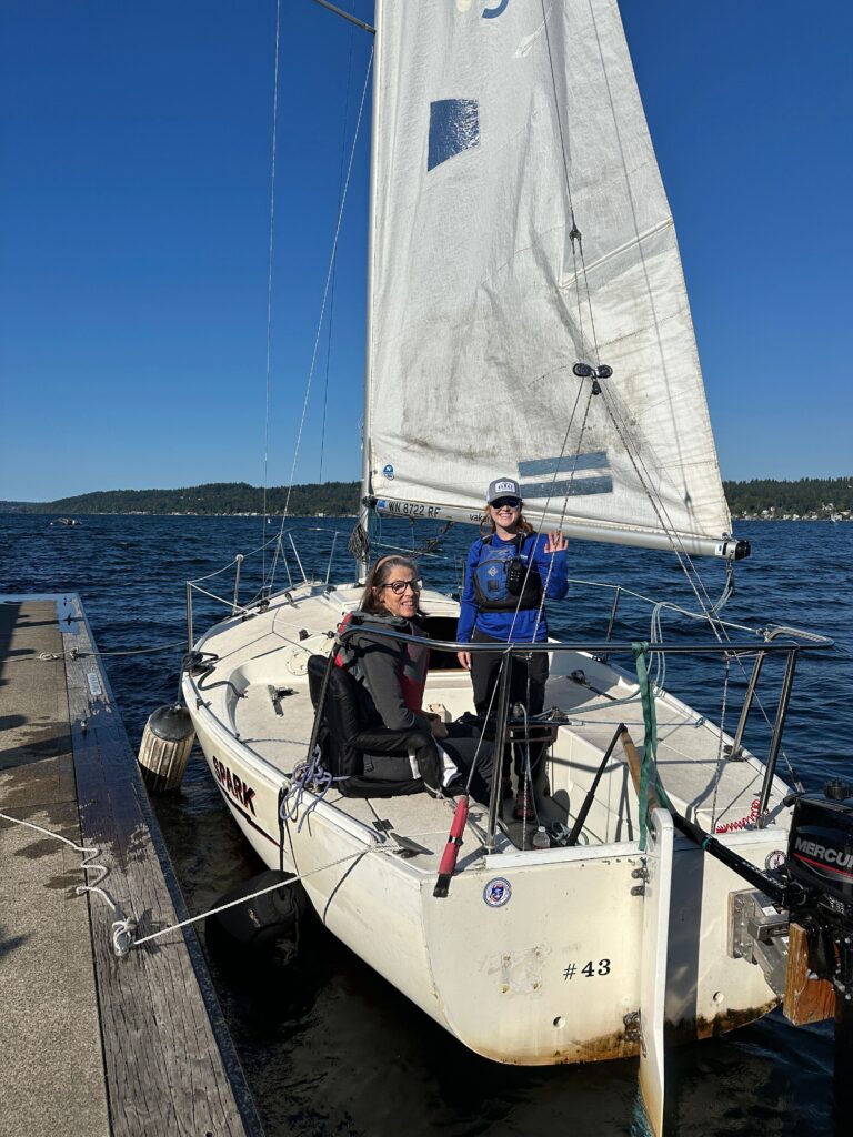 Our J-24 is a great choice for adaptation. THe ability to sit up right and bend your knees helps maintain balance and comfort. While this sailbot can tilt side to side, there is less opportunity to get wet and more space for friends or family to join.